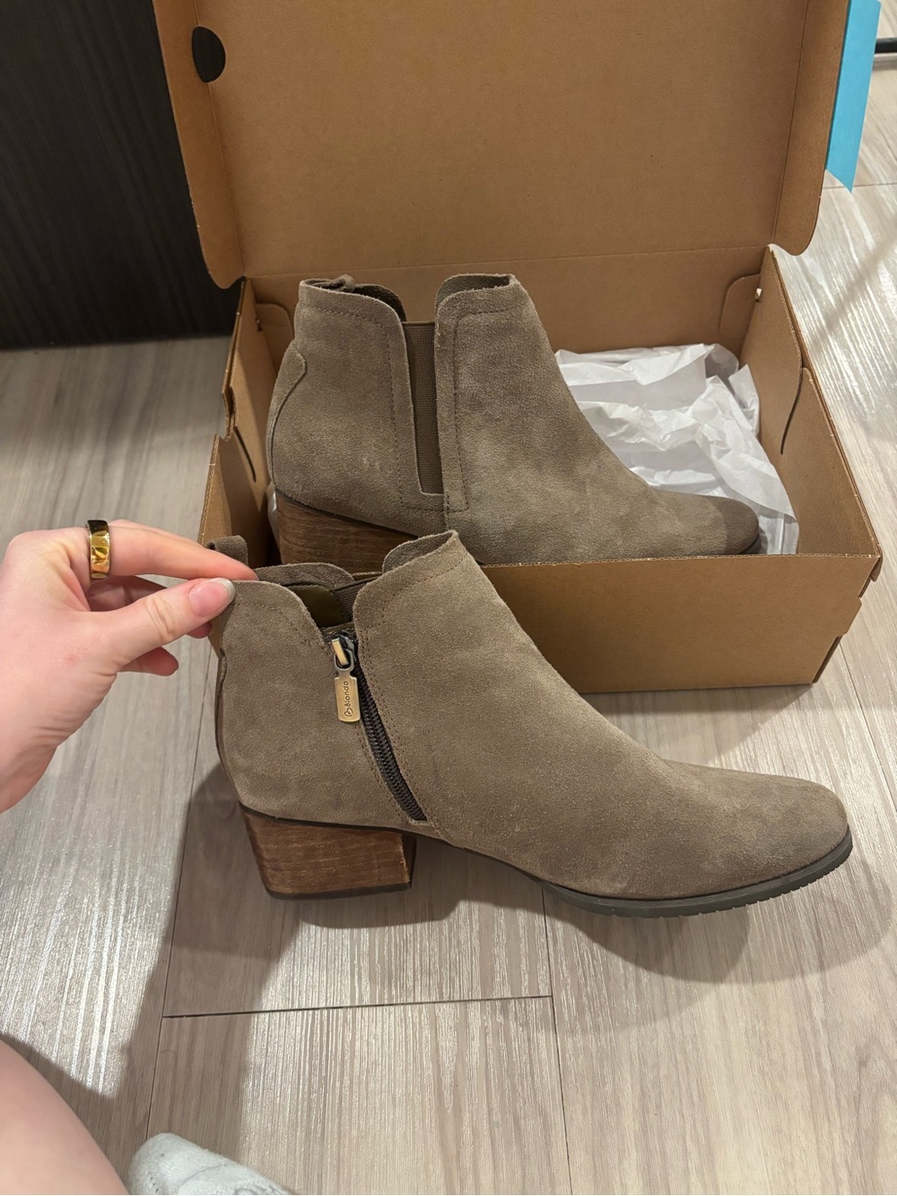 Blondo Taupe Suede Ankle Booties with Side Zip
